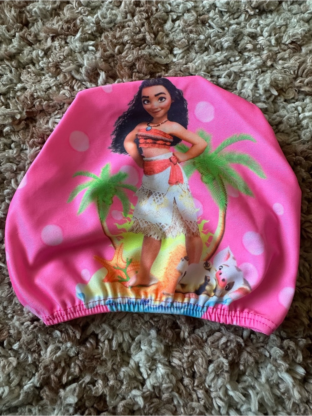 Girls' Pink Moana Character Swim Cap with Tropical Print